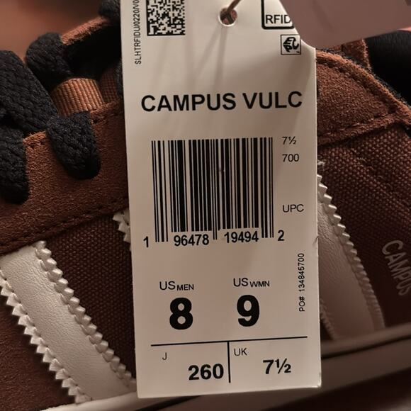 Adidas Campus Brown Vulc Shoes Size Men’s 8 & Women’s 9 - Picture 8 of 10